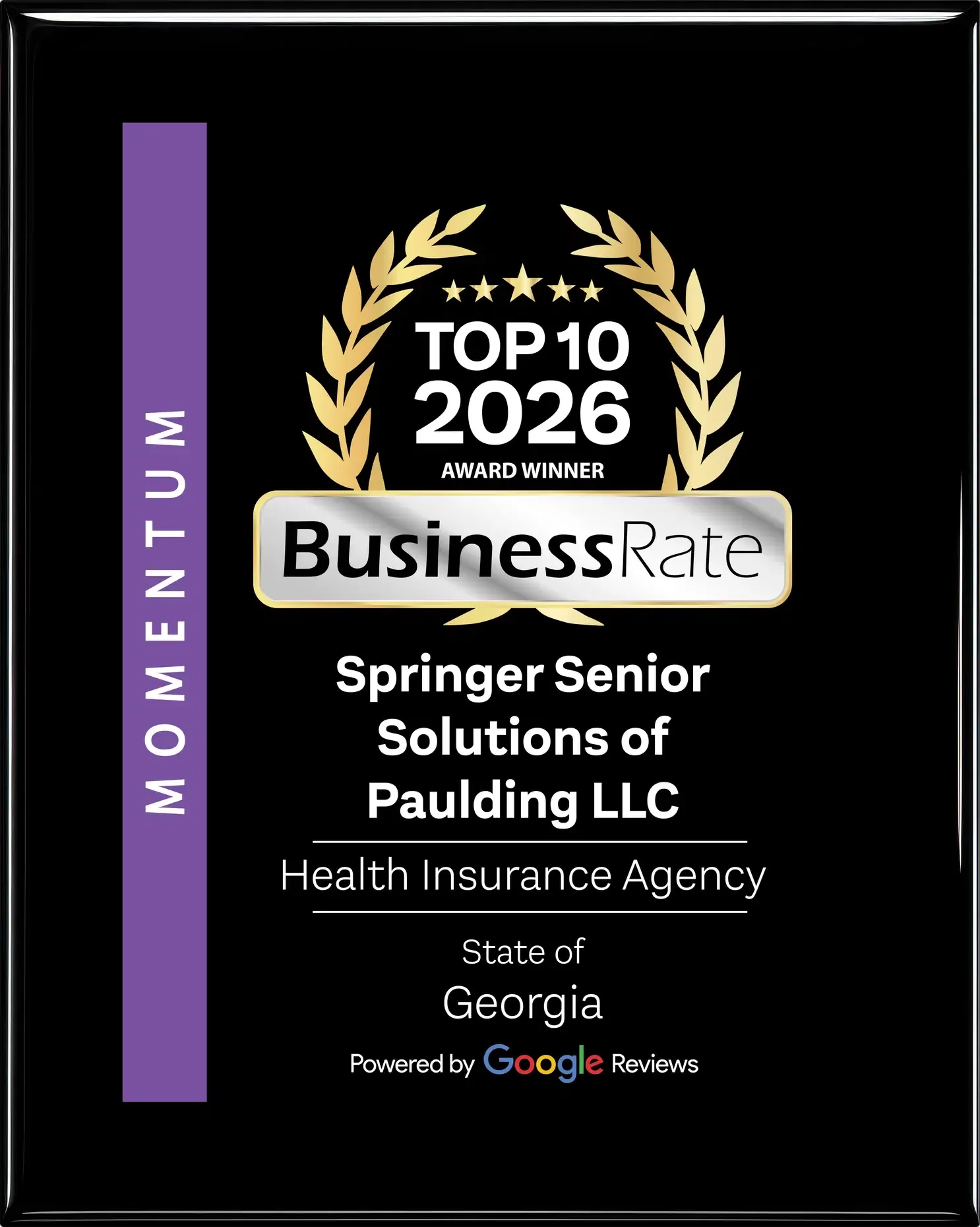 BusinessRate Top 10 2026 Award Winner plaque for Springer Senior Solutions of Paulding LLC, Health Insurance Agency, State of Georgia